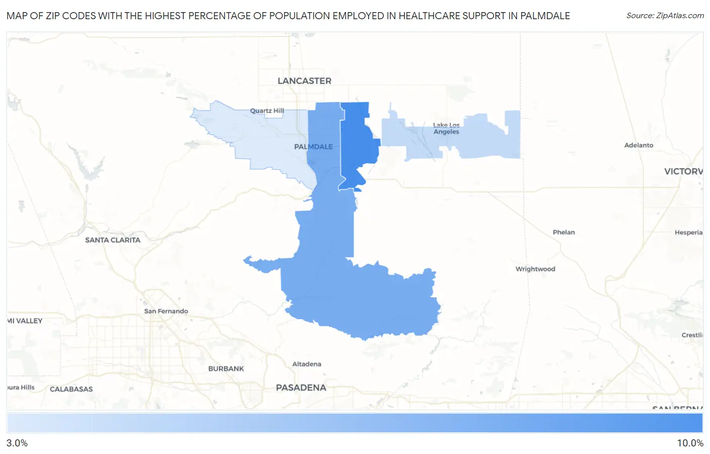 Zip Codes with the Highest Percentage of Population Employed in Healthcare Support in Palmdale Map