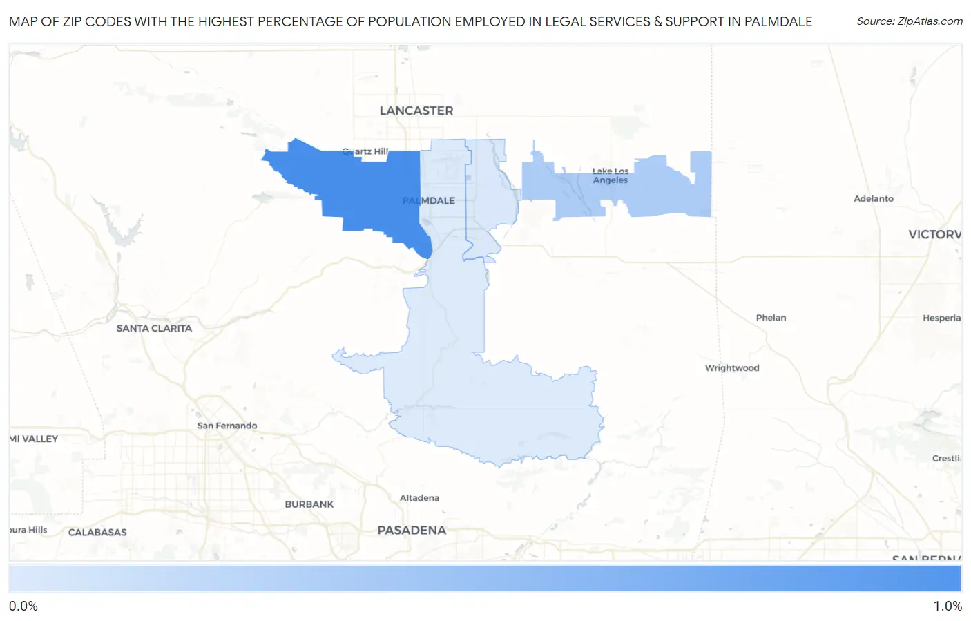 Zip Codes with the Highest Percentage of Population Employed in Legal Services & Support in Palmdale Map