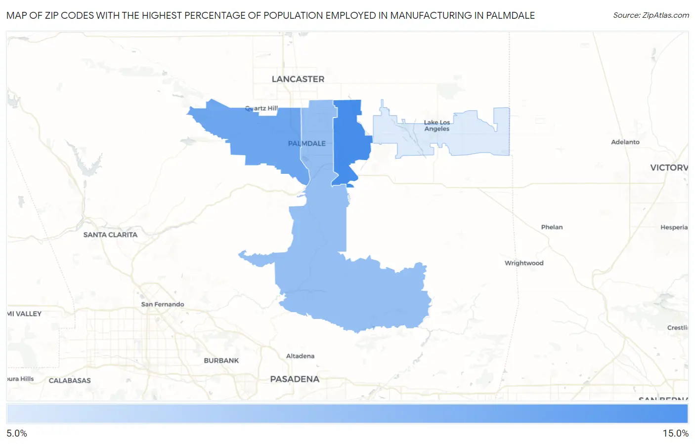 Zip Codes with the Highest Percentage of Population Employed in Manufacturing in Palmdale Map