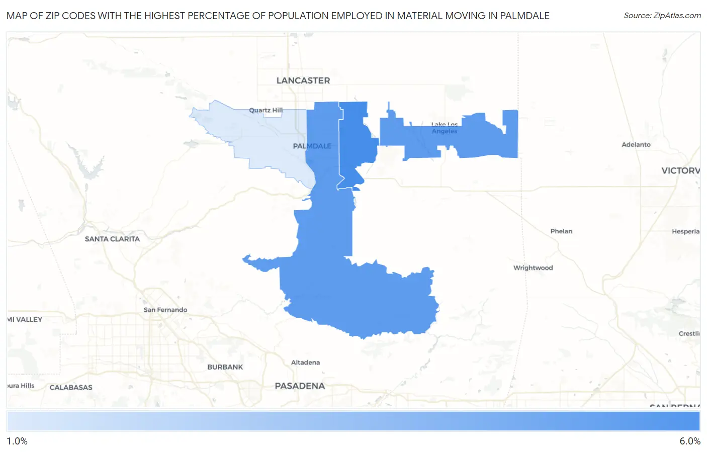 Zip Codes with the Highest Percentage of Population Employed in Material Moving in Palmdale Map