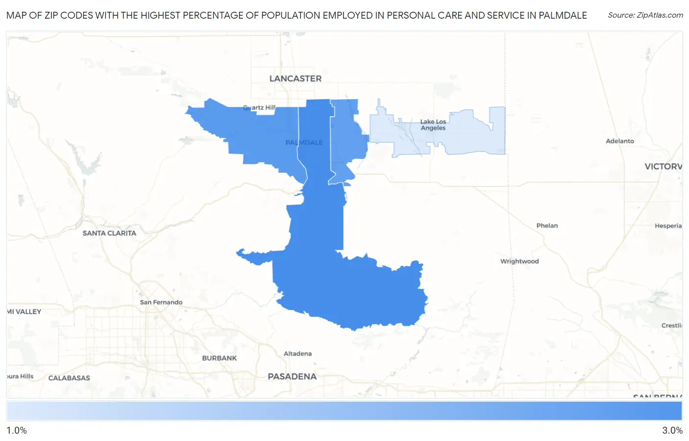 Zip Codes with the Highest Percentage of Population Employed in Personal Care and Service in Palmdale Map