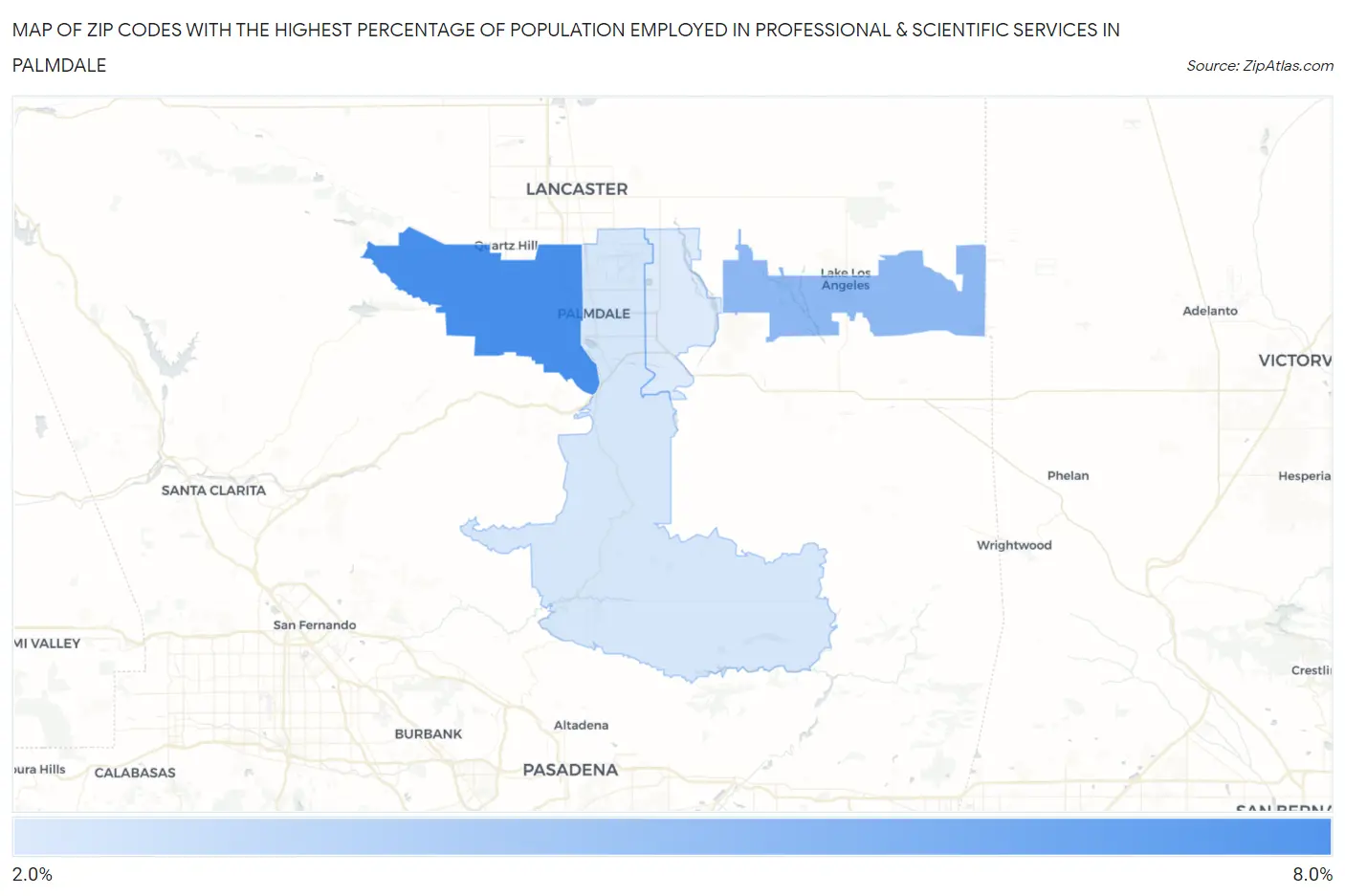 Zip Codes with the Highest Percentage of Population Employed in Professional & Scientific Services in Palmdale Map