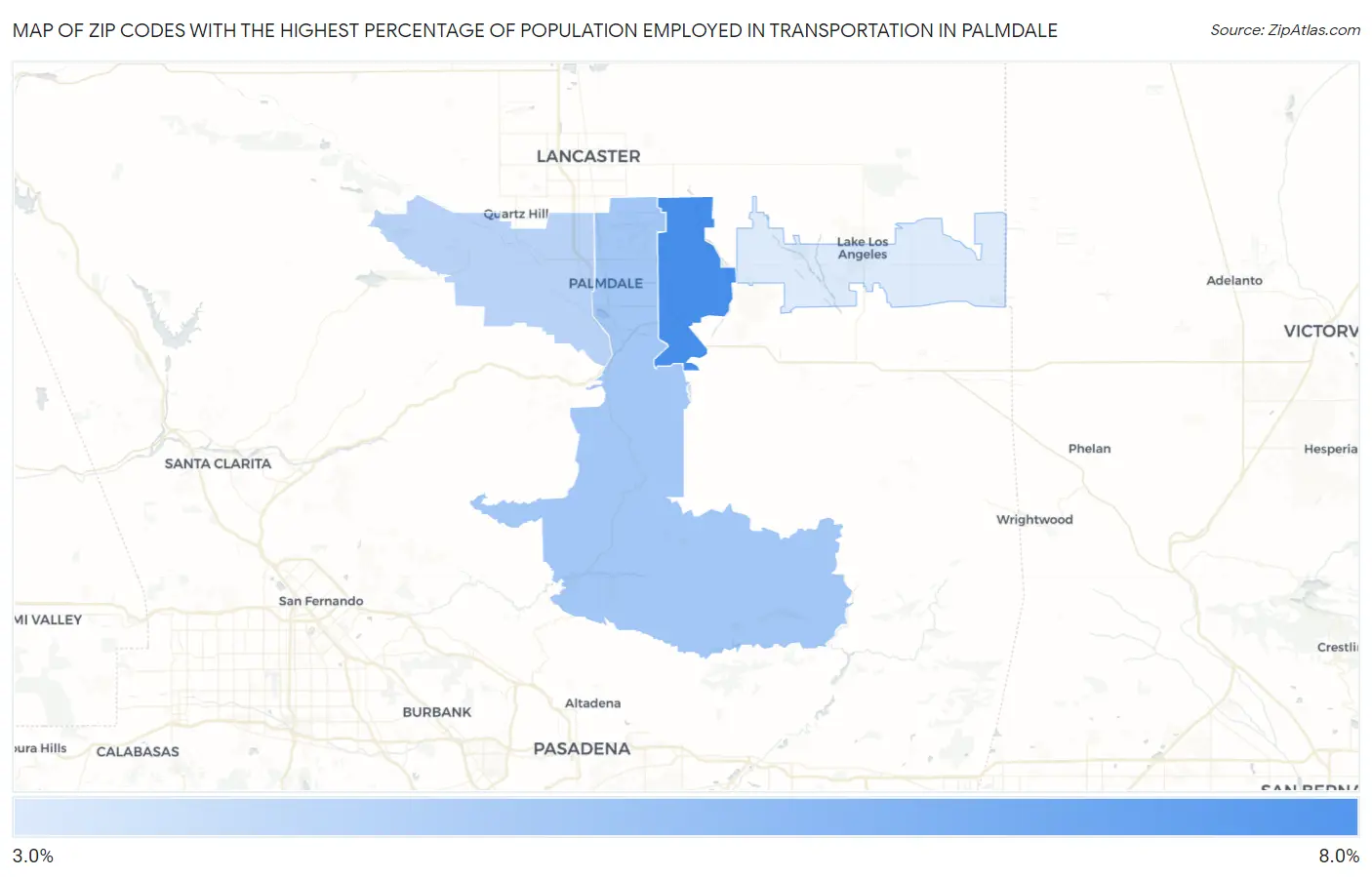 Zip Codes with the Highest Percentage of Population Employed in Transportation in Palmdale Map