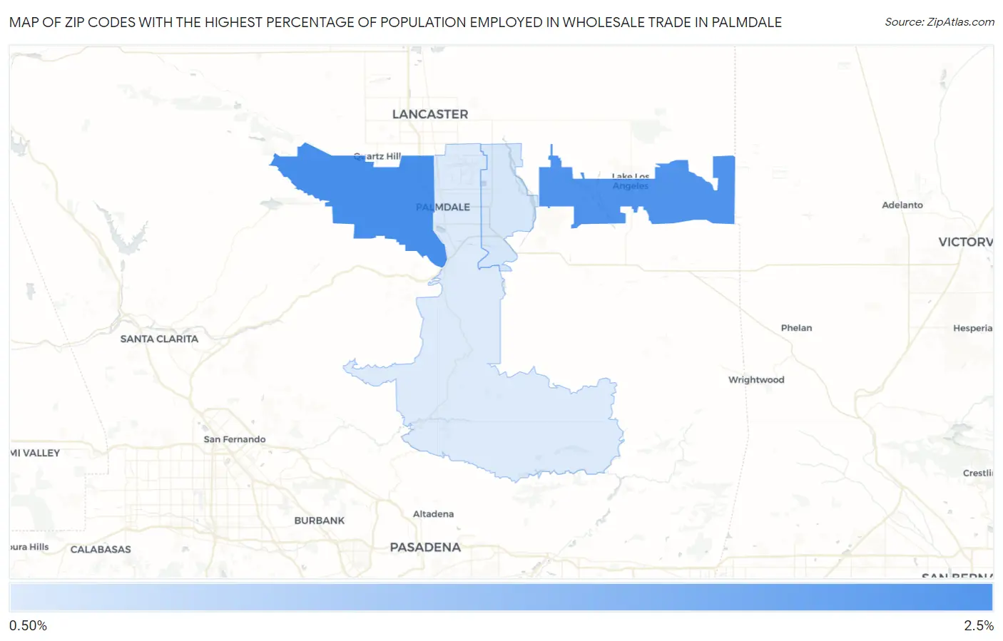 Zip Codes with the Highest Percentage of Population Employed in Wholesale Trade in Palmdale Map