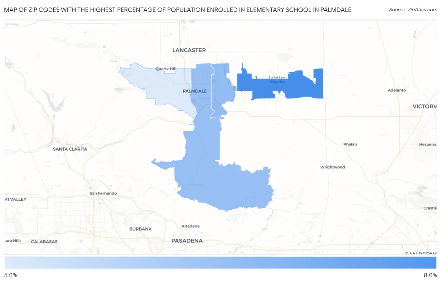 Zip Codes with the Highest Percentage of Population Enrolled in Elementary School in Palmdale Map