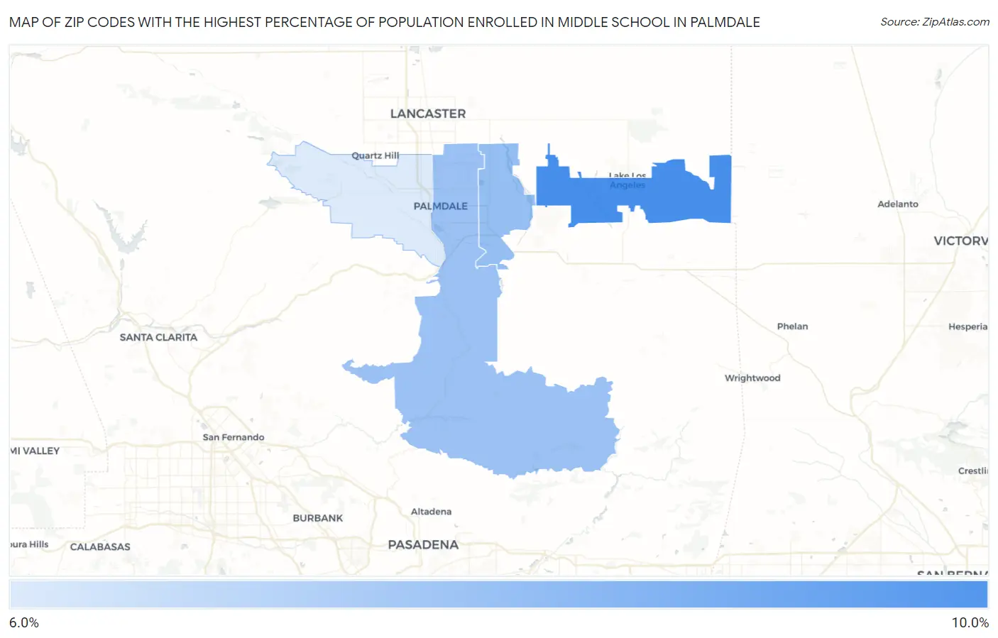 Zip Codes with the Highest Percentage of Population Enrolled in Middle School in Palmdale Map