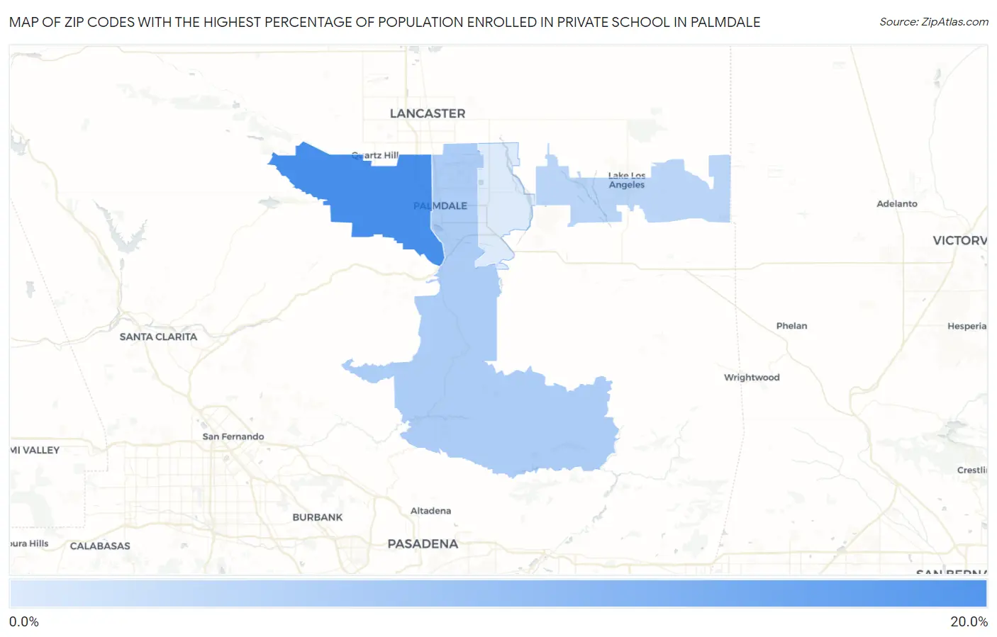 Zip Codes with the Highest Percentage of Population Enrolled in Private School in Palmdale Map