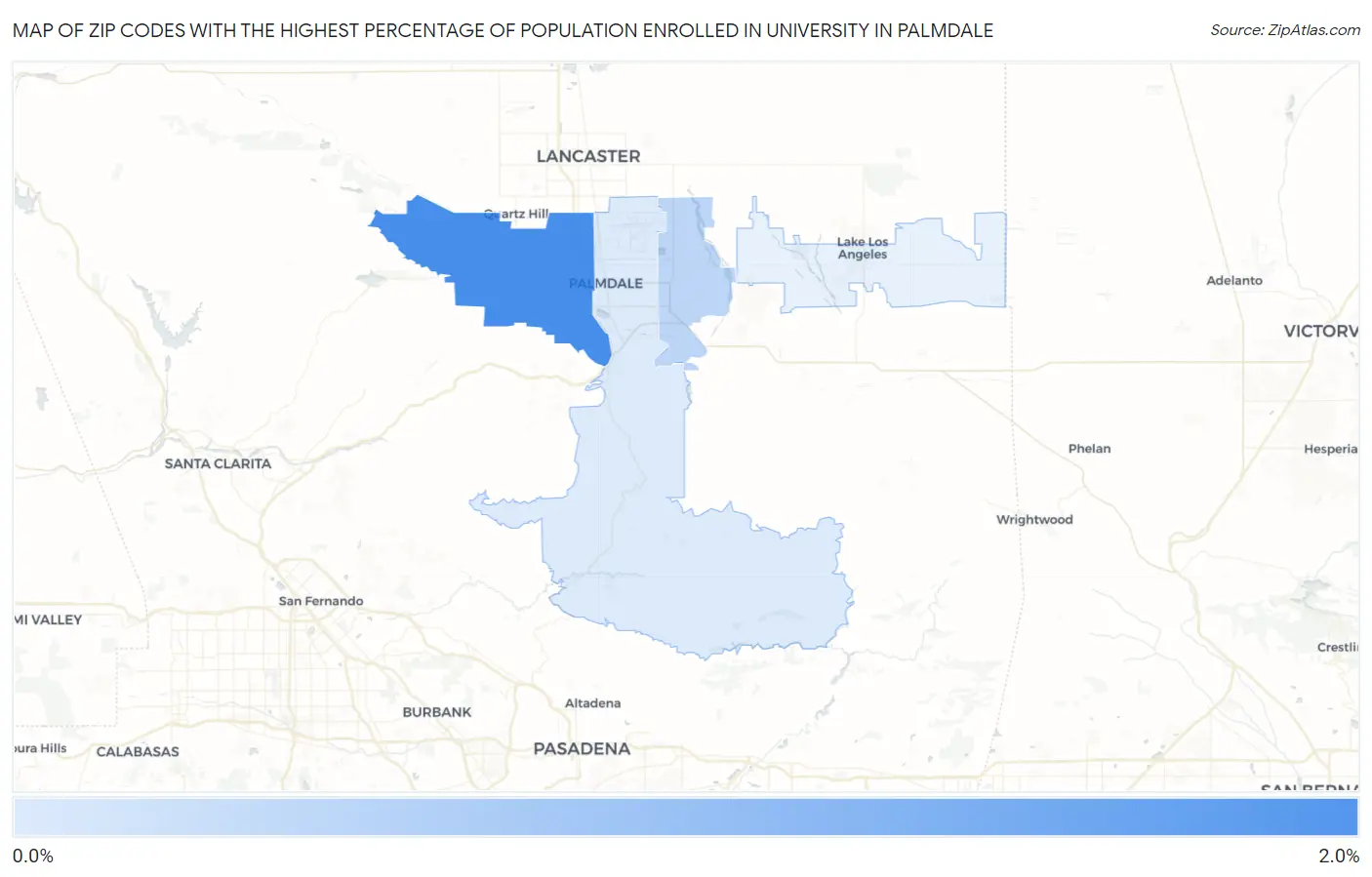 Zip Codes with the Highest Percentage of Population Enrolled in University in Palmdale Map