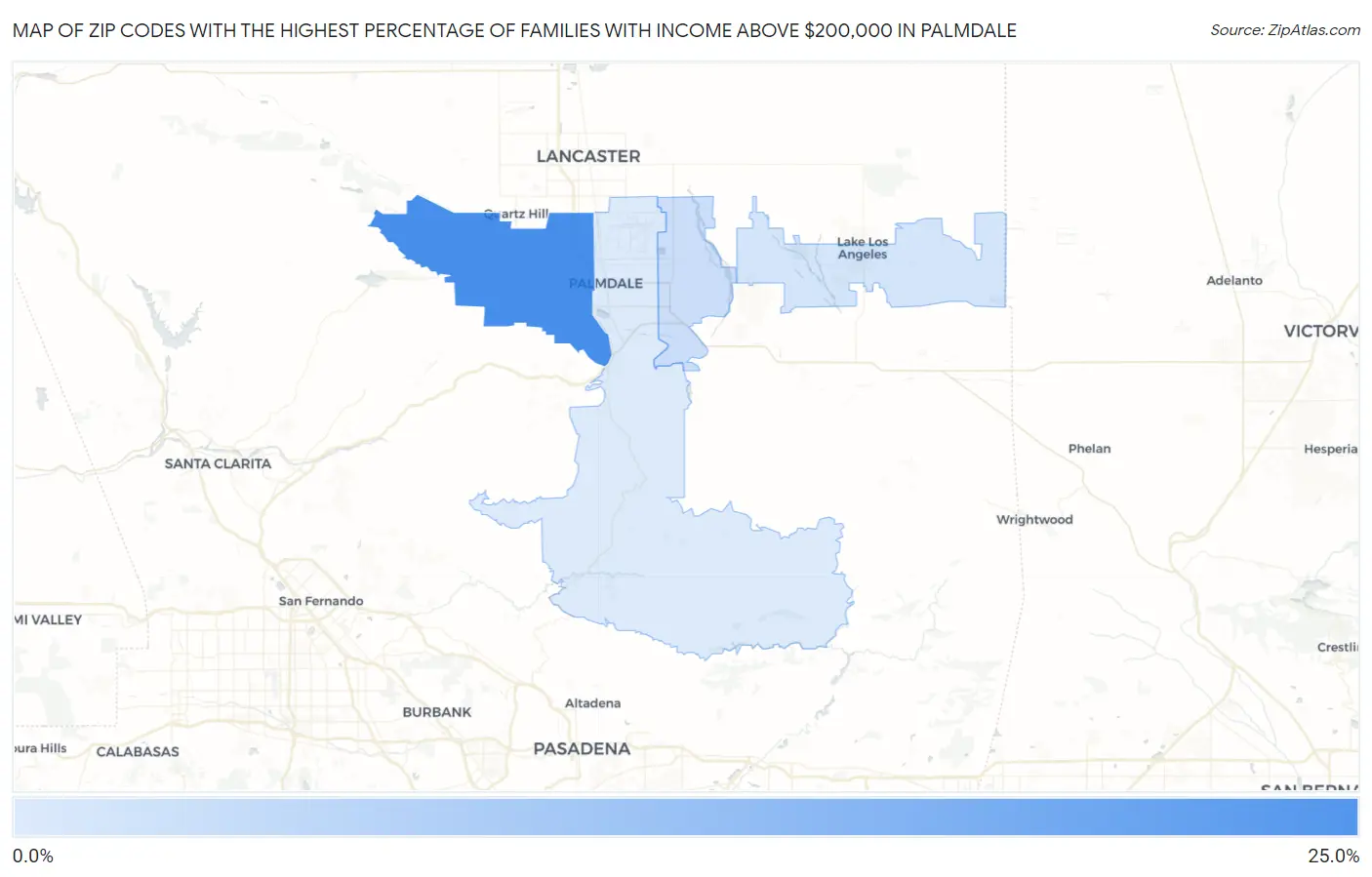 Zip Codes with the Highest Percentage of Families with Income Above $200,000 in Palmdale Map