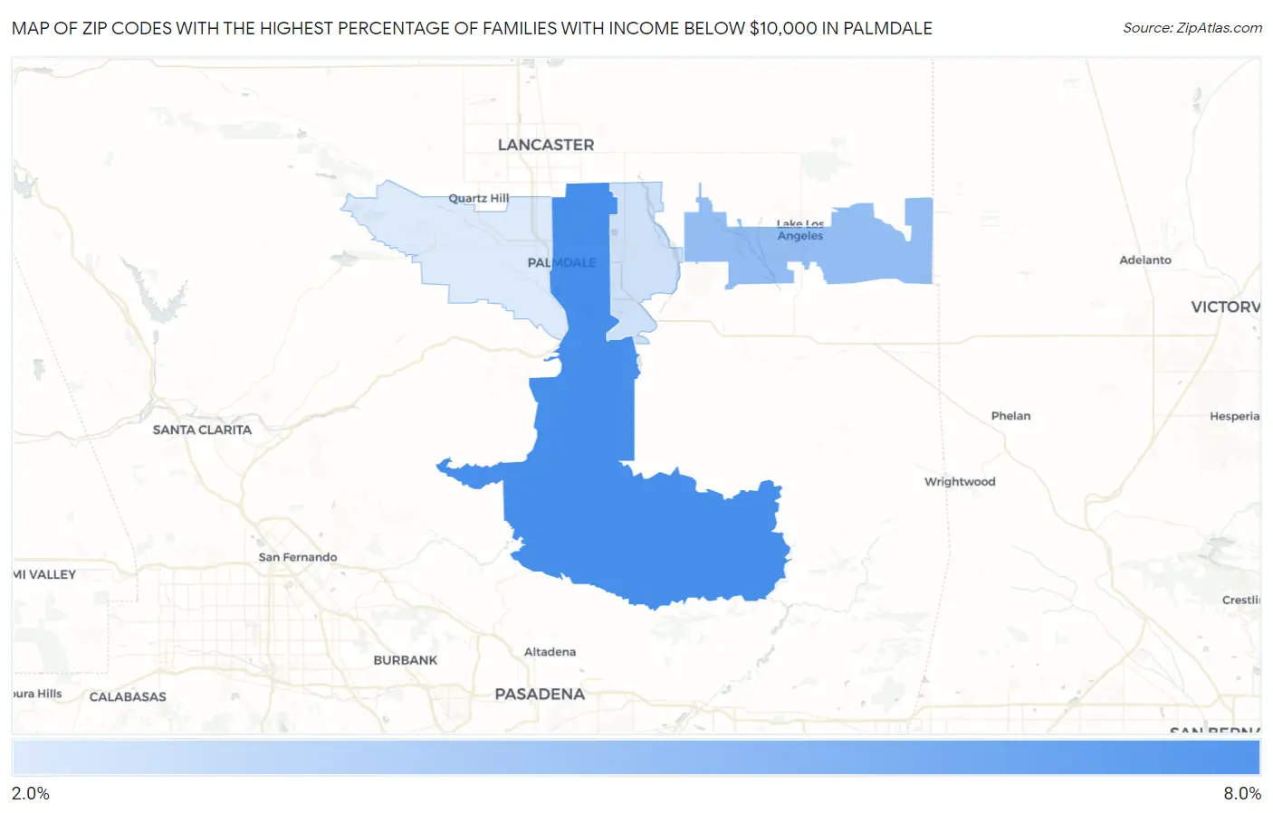 Zip Codes with the Highest Percentage of Families with Income Below $10,000 in Palmdale Map