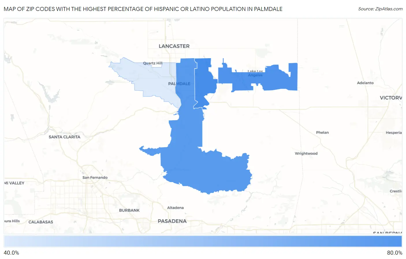 Zip Codes with the Highest Percentage of Hispanic or Latino Population in Palmdale Map