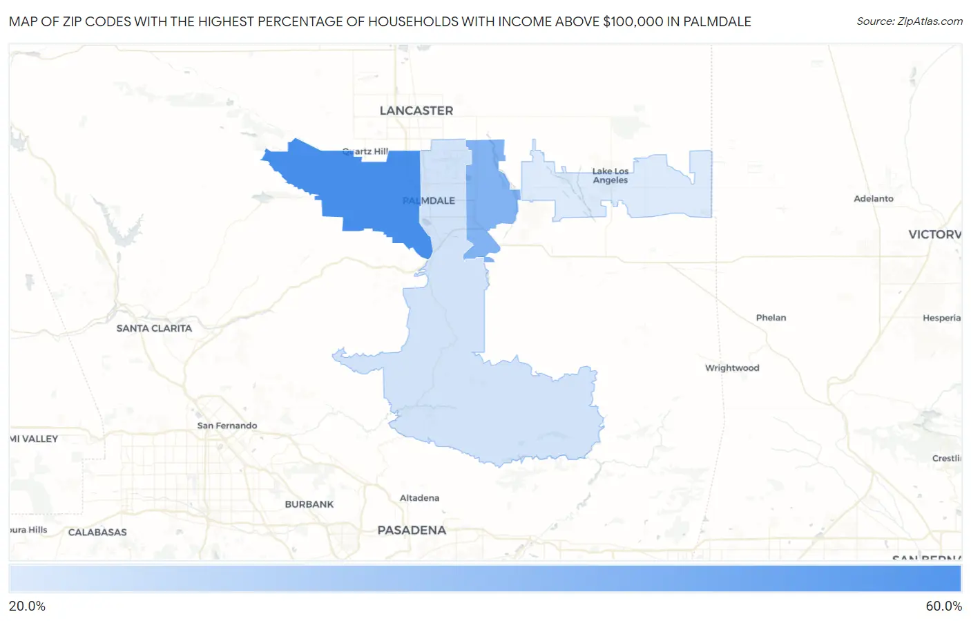 Zip Codes with the Highest Percentage of Households with Income Above $100,000 in Palmdale Map