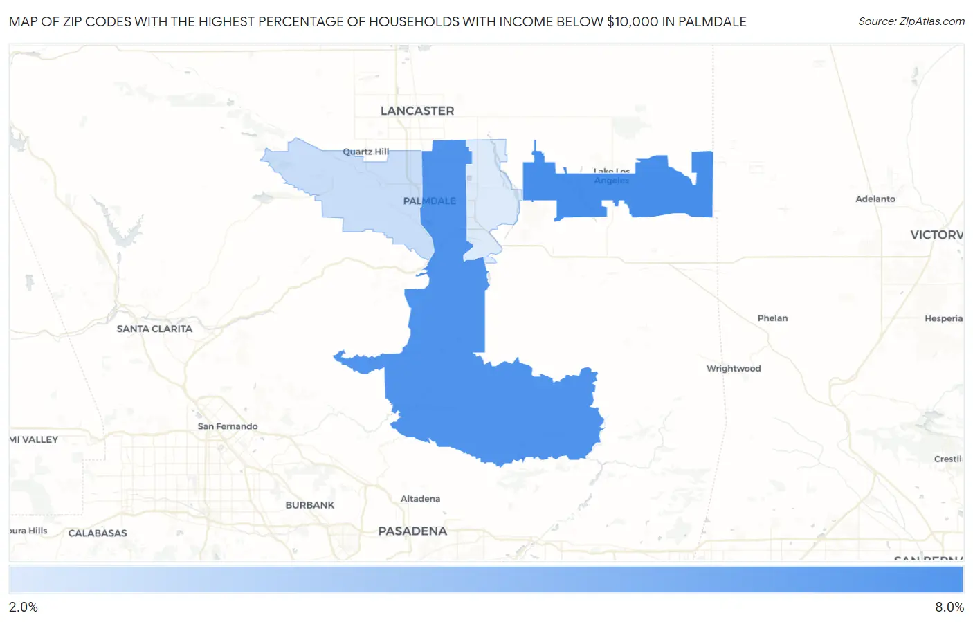 Zip Codes with the Highest Percentage of Households with Income Below $10,000 in Palmdale Map