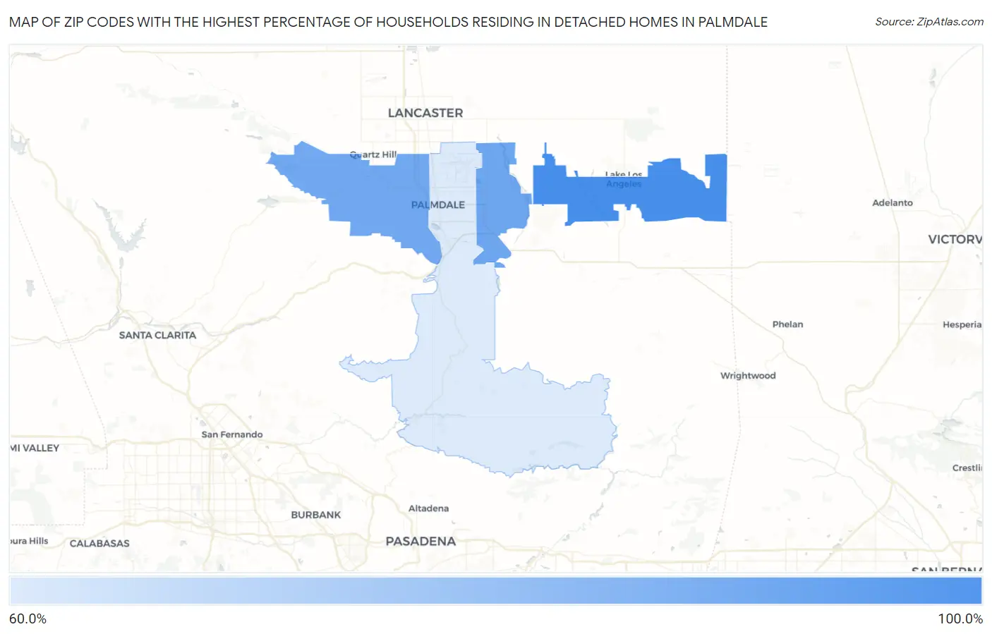 Zip Codes with the Highest Percentage of Households Residing in Detached Homes in Palmdale Map