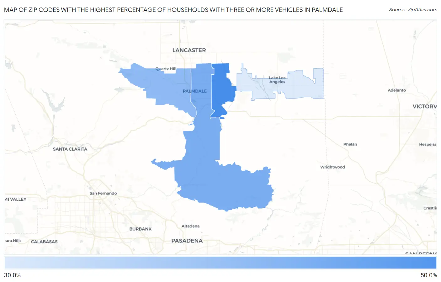 Zip Codes with the Highest Percentage of Households With Three or more Vehicles in Palmdale Map