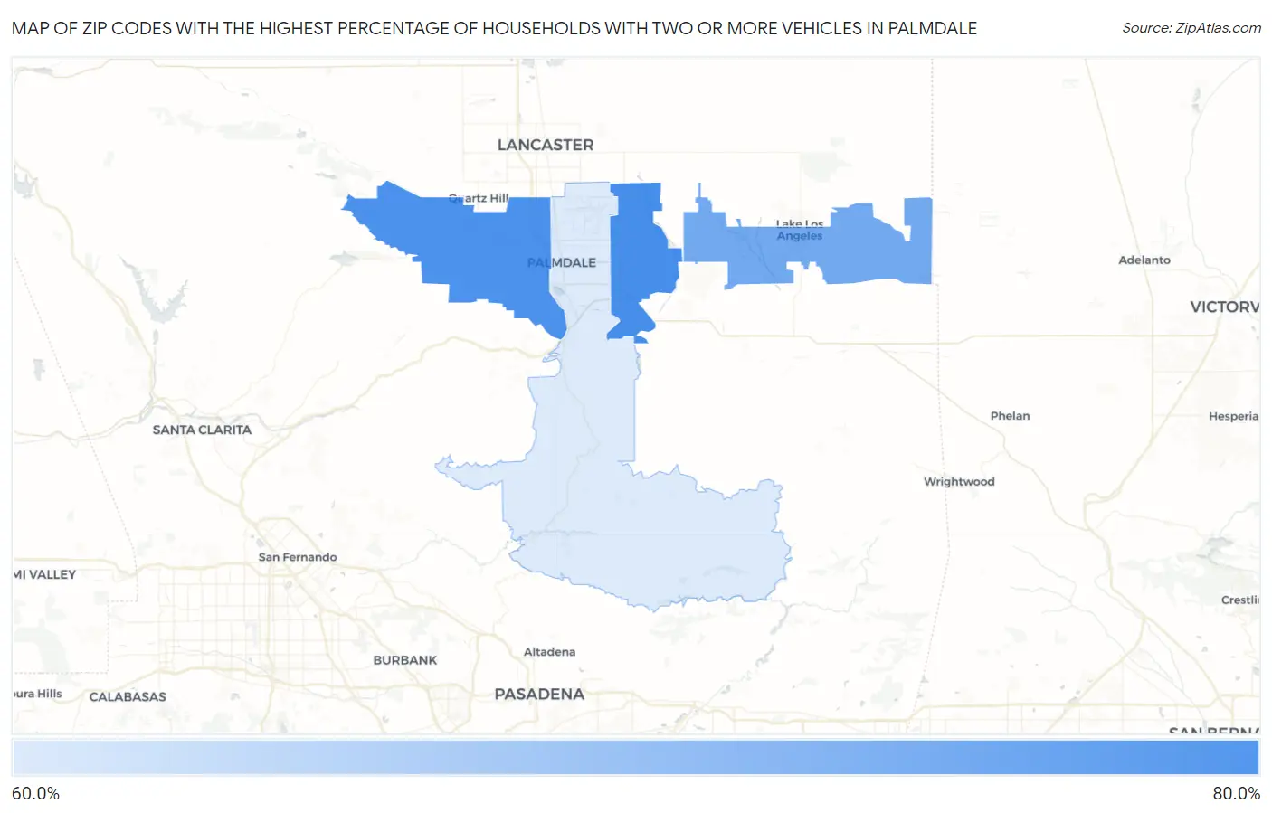Zip Codes with the Highest Percentage of Households With Two or more Vehicles in Palmdale Map