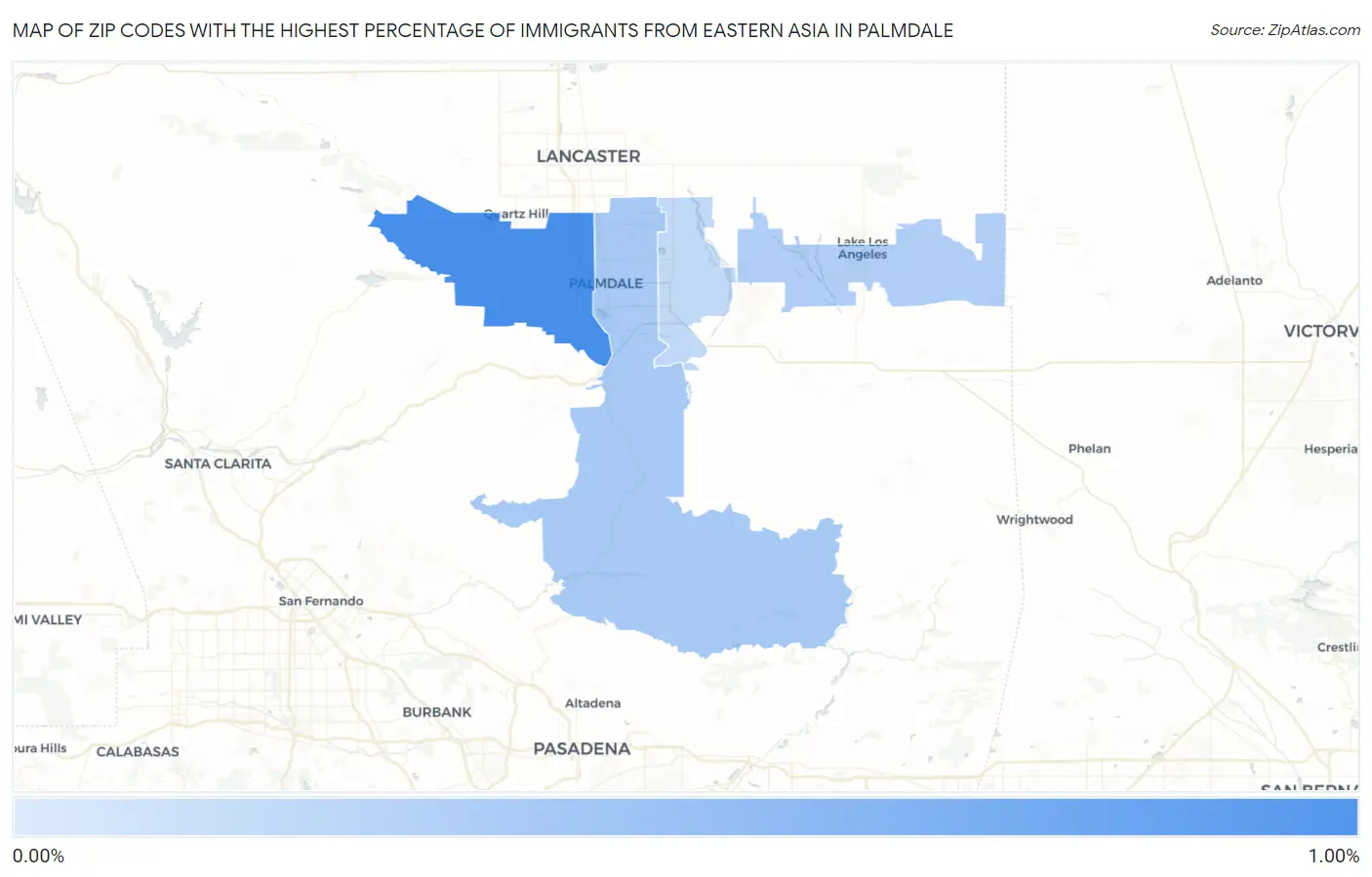Zip Codes with the Highest Percentage of Immigrants from Eastern Asia in Palmdale Map