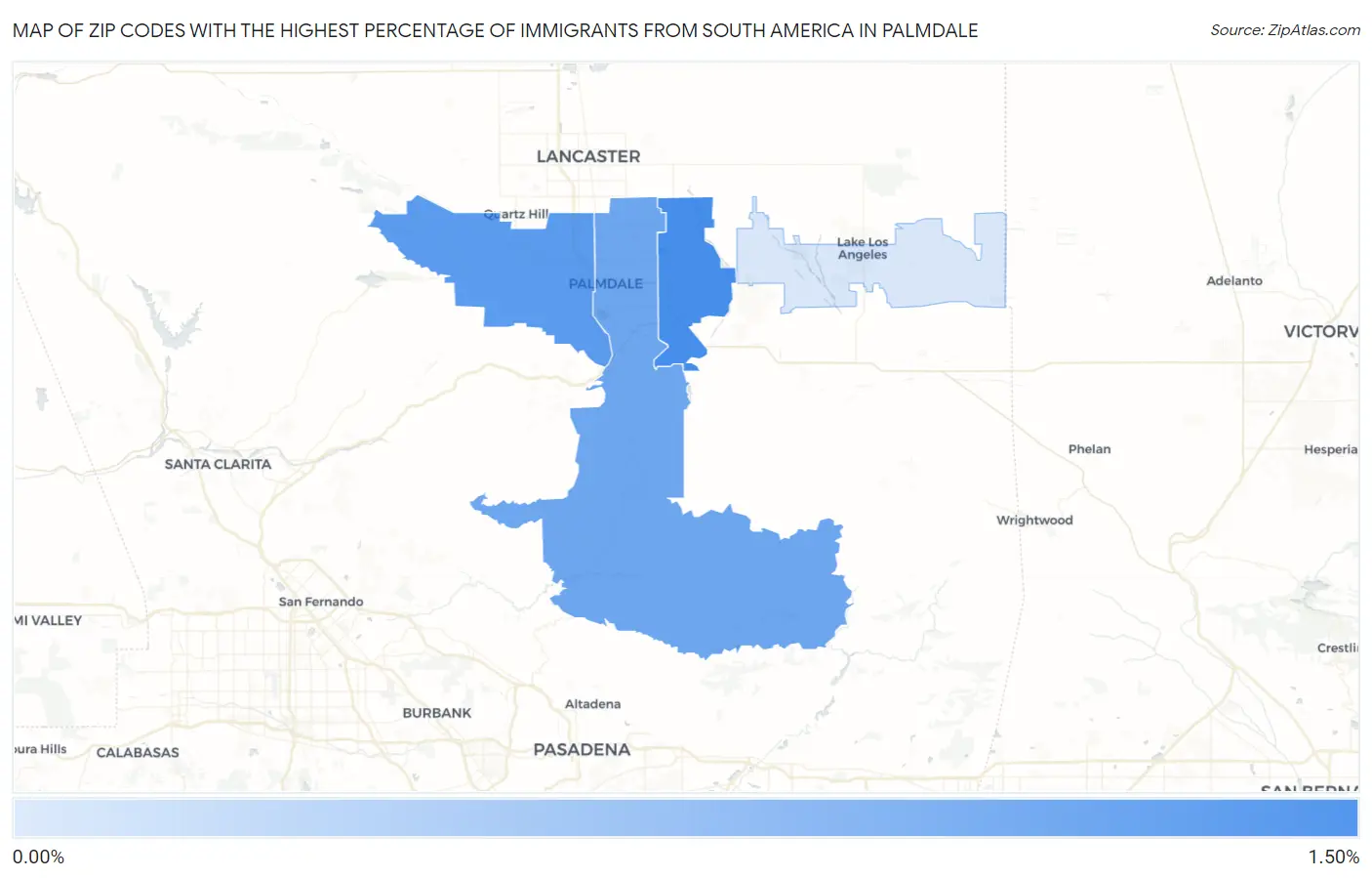 Zip Codes with the Highest Percentage of Immigrants from South America in Palmdale Map
