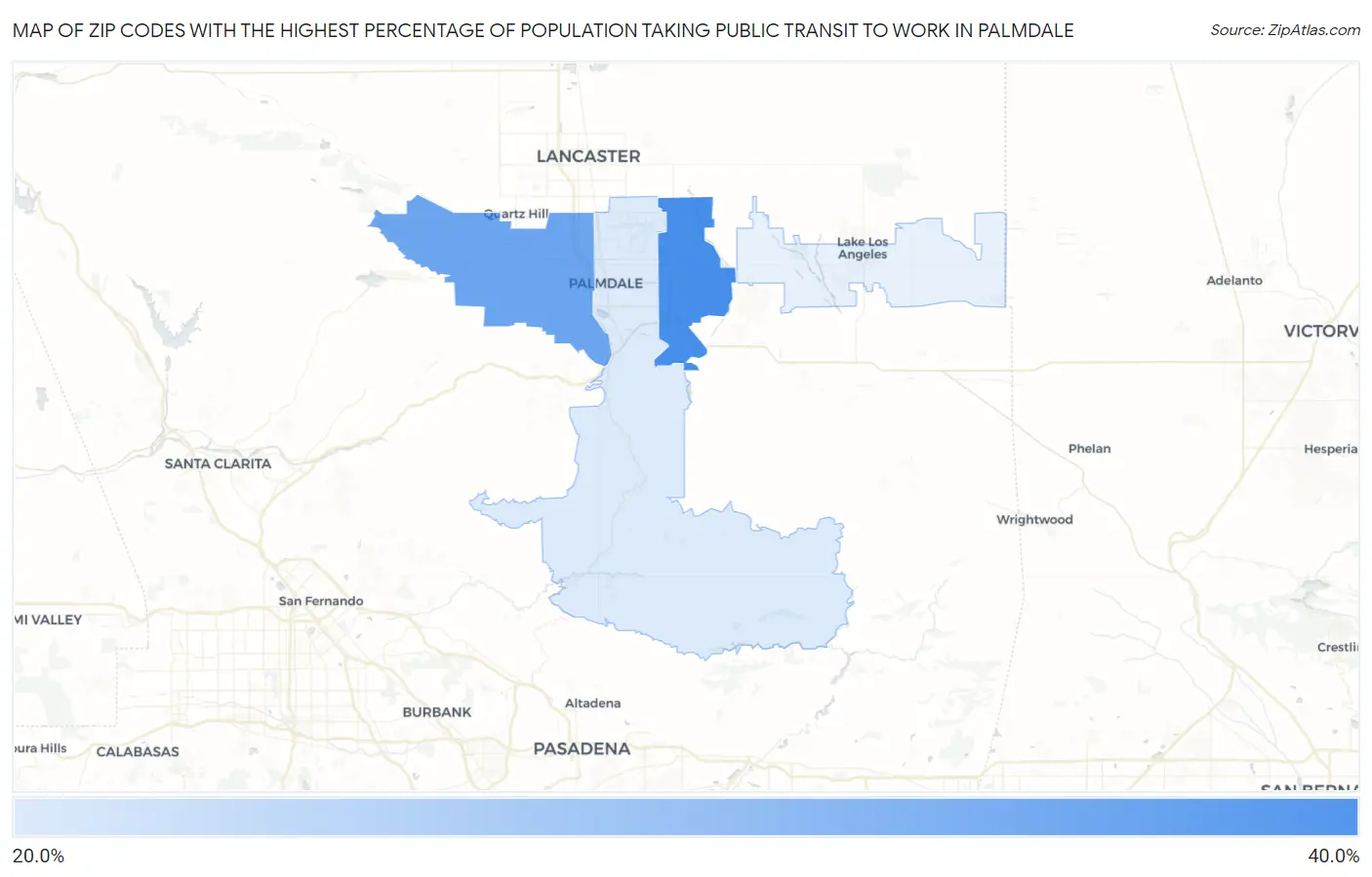 Zip Codes with the Highest Percentage of Population Taking Public Transit to Work in Palmdale Map