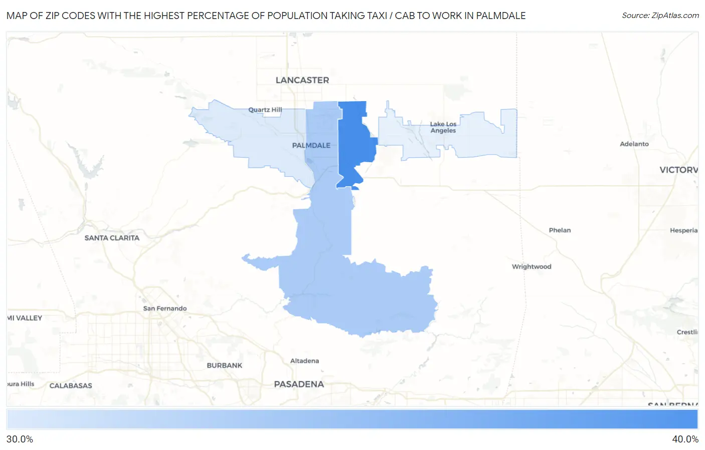 Zip Codes with the Highest Percentage of Population Taking Taxi / Cab to Work in Palmdale Map