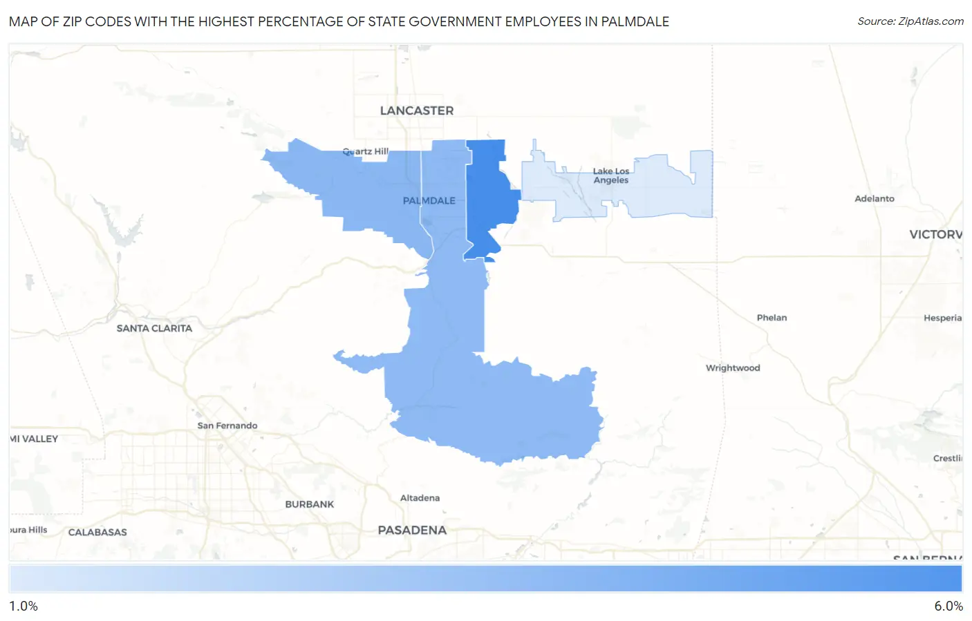 Zip Codes with the Highest Percentage of State Government Employees in Palmdale Map