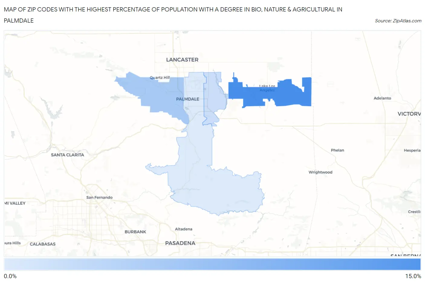 Zip Codes with the Highest Percentage of Population with a Degree in Bio, Nature & Agricultural in Palmdale Map