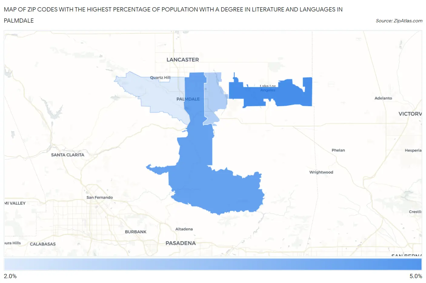 Zip Codes with the Highest Percentage of Population with a Degree in Literature and Languages in Palmdale Map