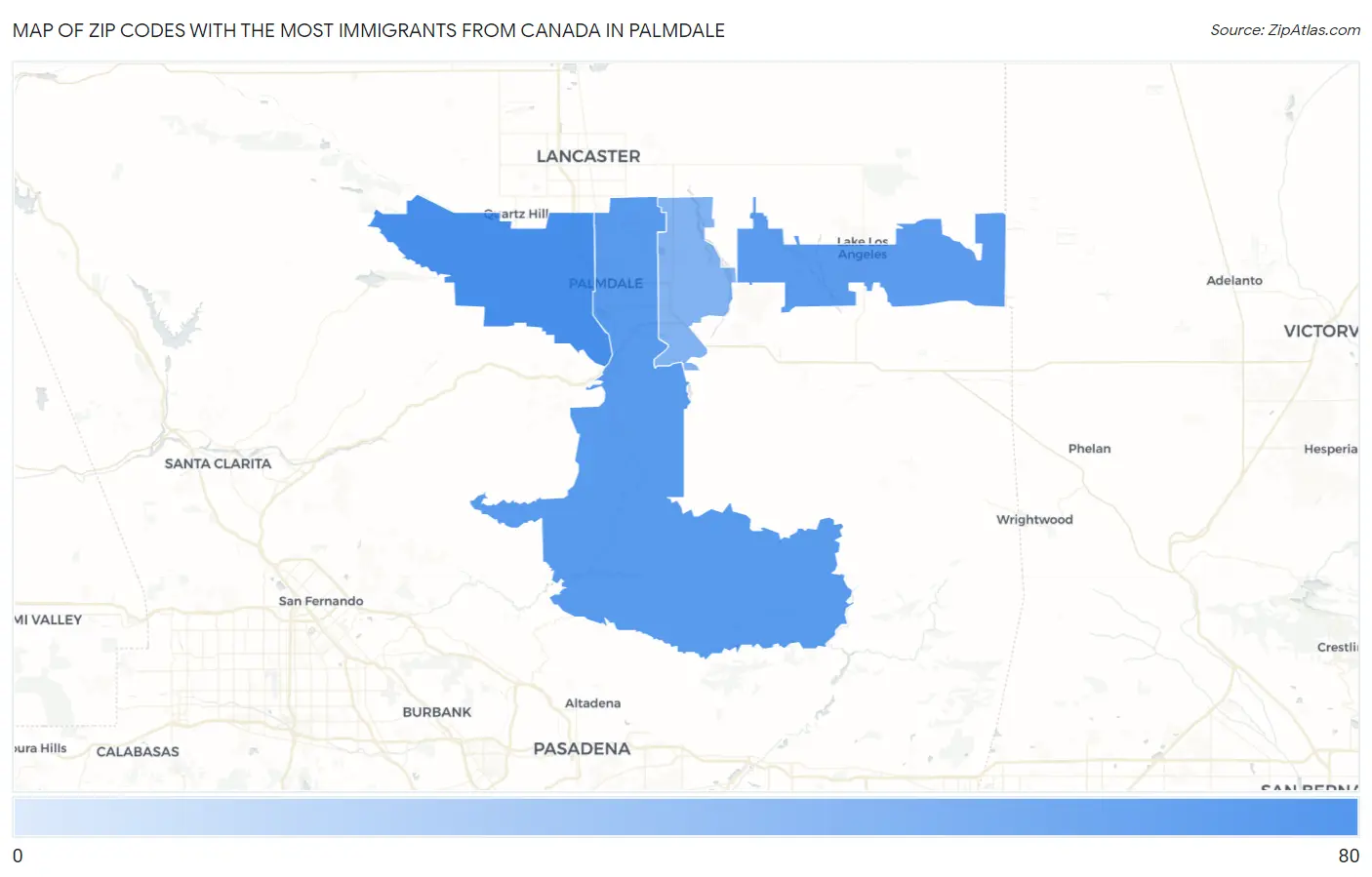 Zip Codes with the Most Immigrants from Canada in Palmdale Map