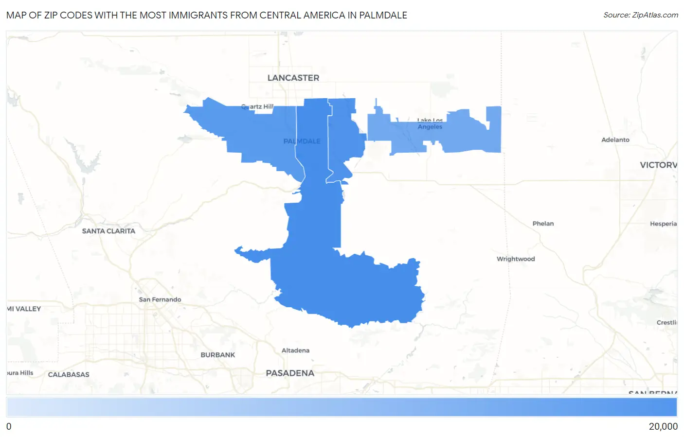 Zip Codes with the Most Immigrants from Central America in Palmdale Map