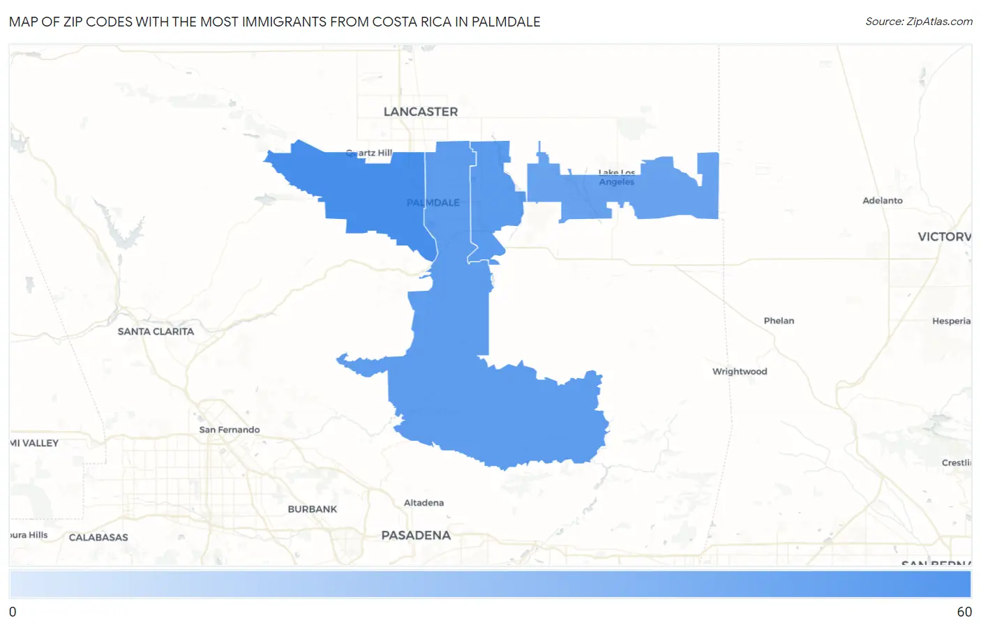 Zip Codes with the Most Immigrants from Costa Rica in Palmdale Map