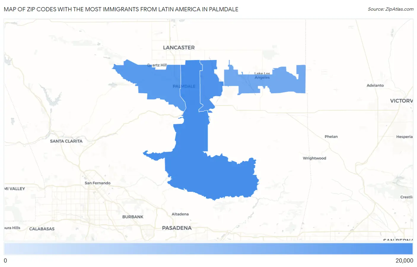 Zip Codes with the Most Immigrants from Latin America in Palmdale Map