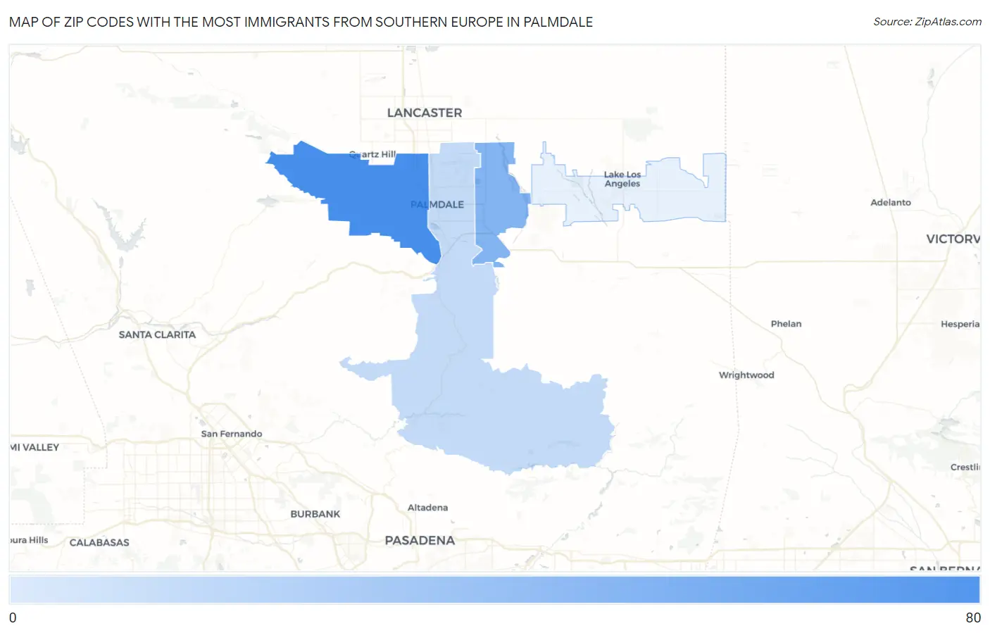 Zip Codes with the Most Immigrants from Southern Europe in Palmdale Map