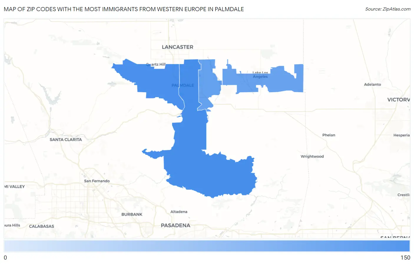 Zip Codes with the Most Immigrants from Western Europe in Palmdale Map