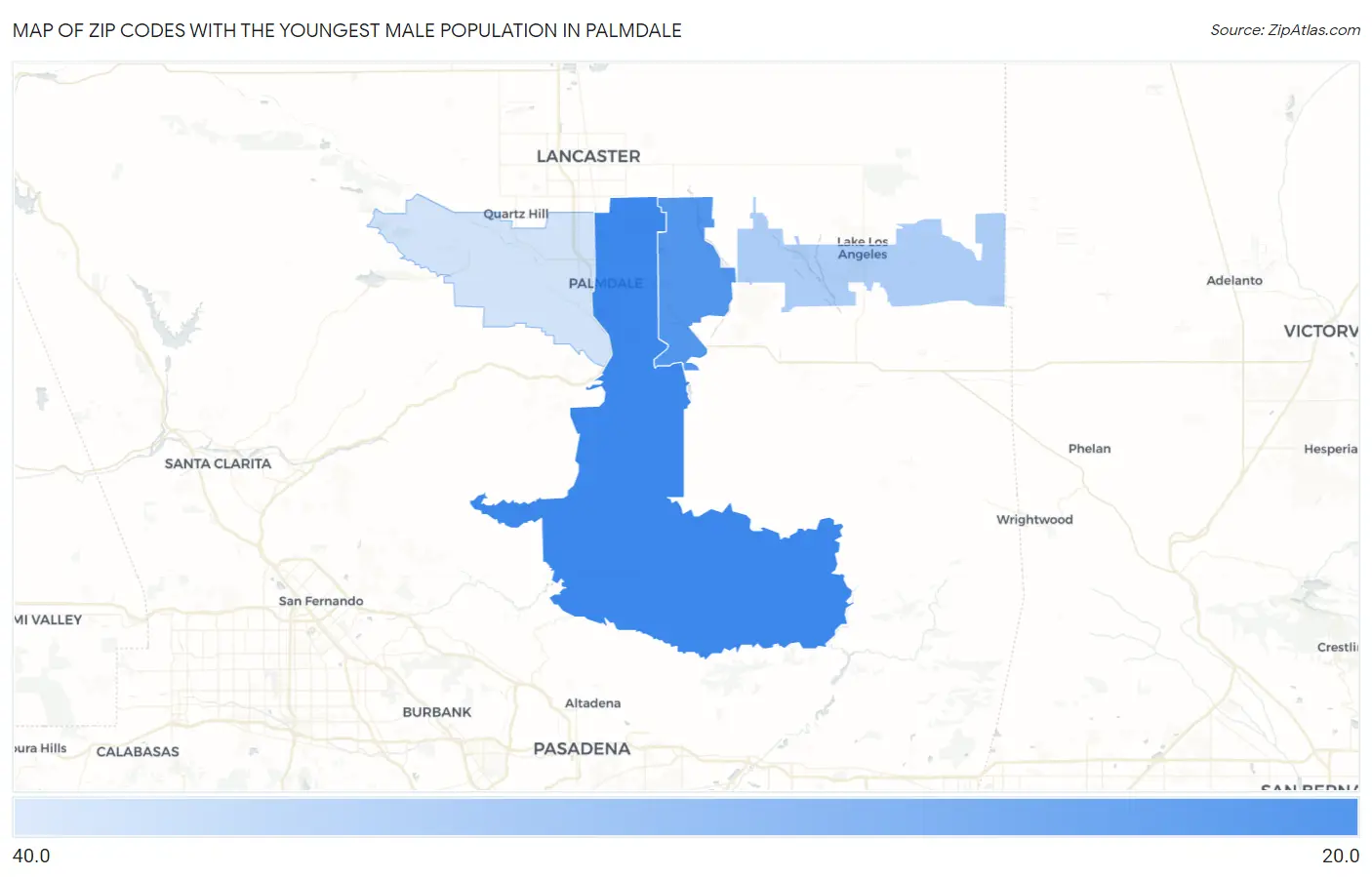 Zip Codes with the Youngest Male Population in Palmdale Map