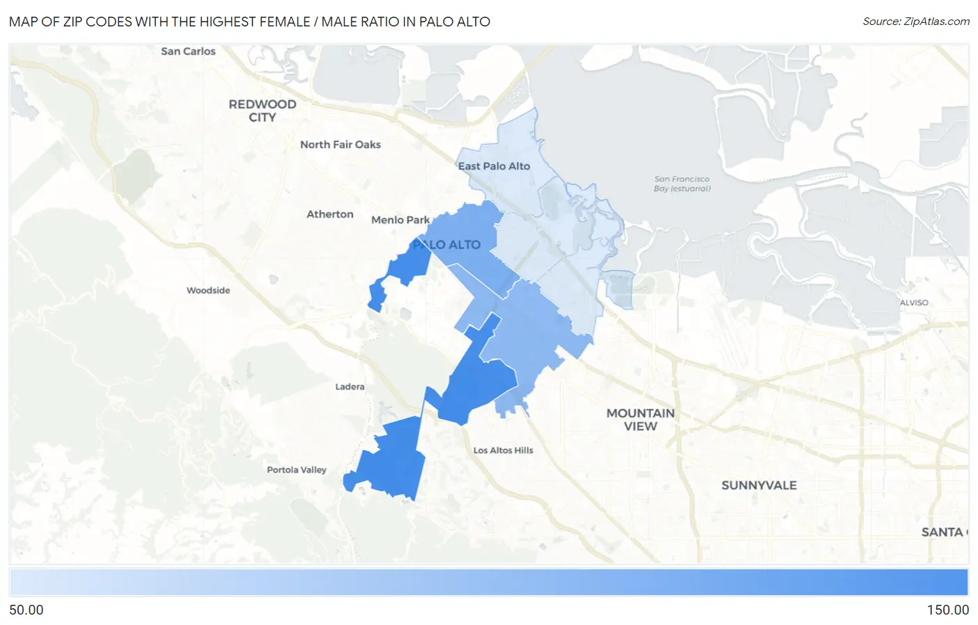 Zip Codes with the Highest Female / Male Ratio in Palo Alto Map