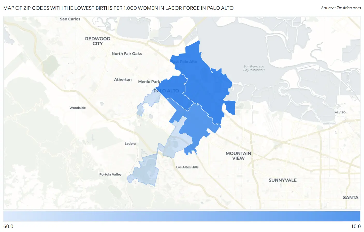 Zip Codes with the Lowest Births per 1,000 Women in Labor Force in Palo Alto Map
