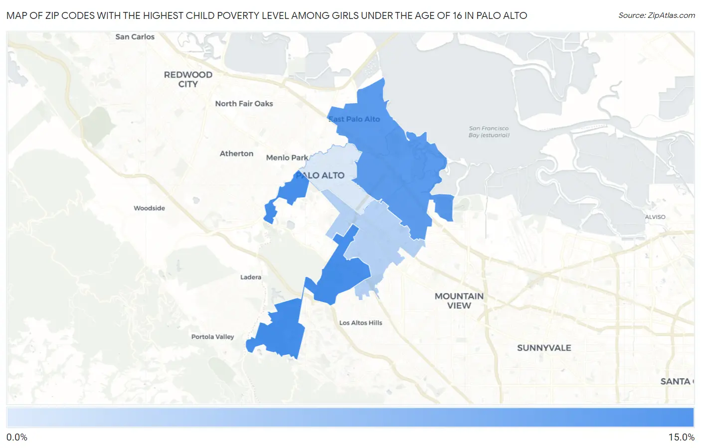 Zip Codes with the Highest Child Poverty Level Among Girls Under the Age of 16 in Palo Alto Map