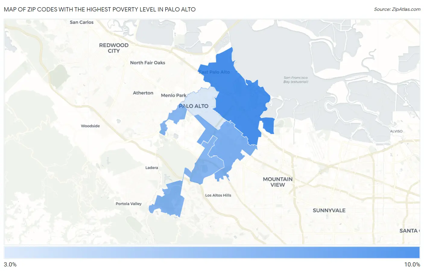 Zip Codes with the Highest Poverty Level in Palo Alto Map