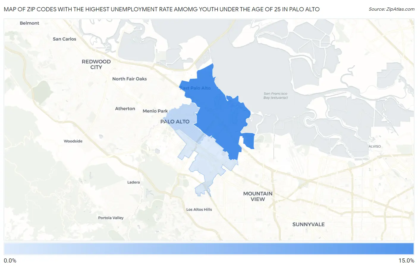 Zip Codes with the Highest Unemployment Rate Amomg Youth Under the Age of 25 in Palo Alto Map