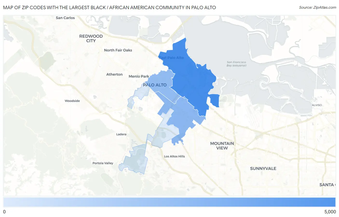 Zip Codes with the Largest Black / African American Community in Palo Alto Map