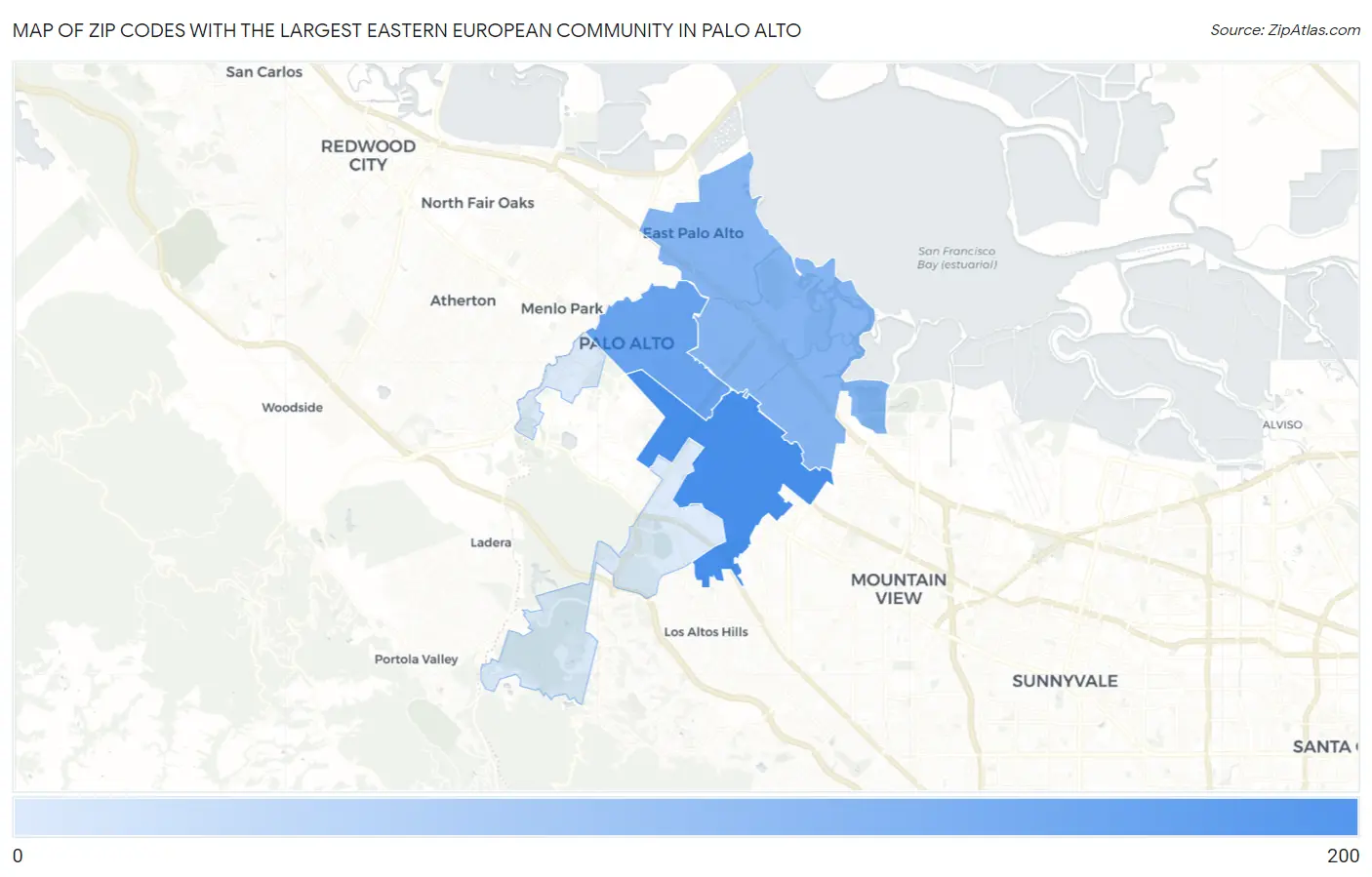 Zip Codes with the Largest Eastern European Community in Palo Alto Map