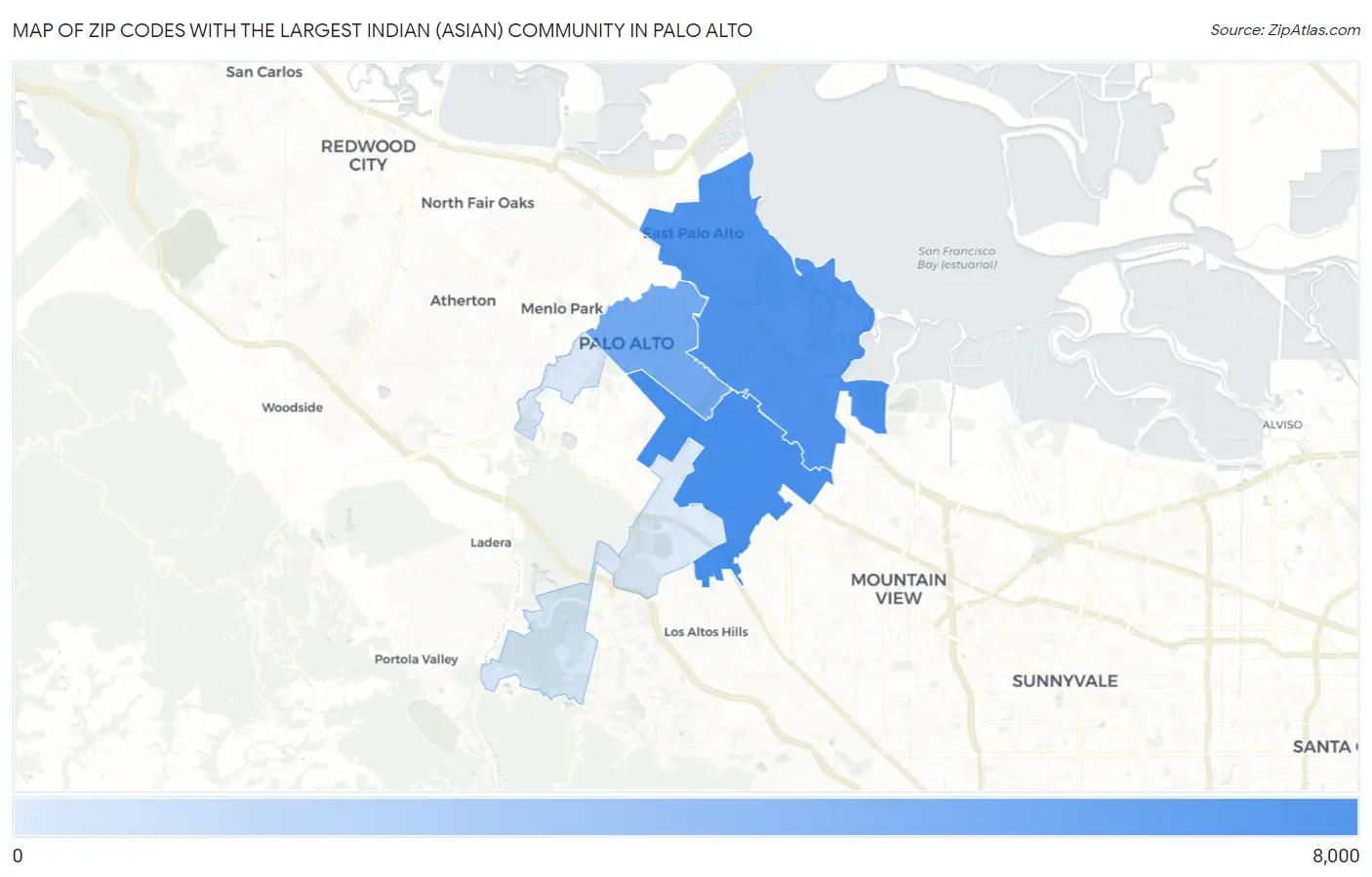 Zip Codes with the Largest Indian (Asian) Community in Palo Alto Map