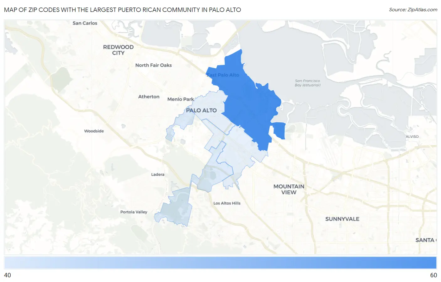 Zip Codes with the Largest Puerto Rican Community in Palo Alto Map