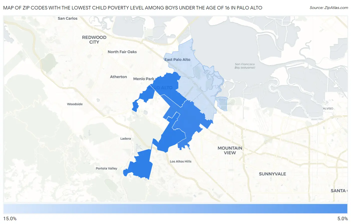 Zip Codes with the Lowest Child Poverty Level Among Boys Under the Age of 16 in Palo Alto Map