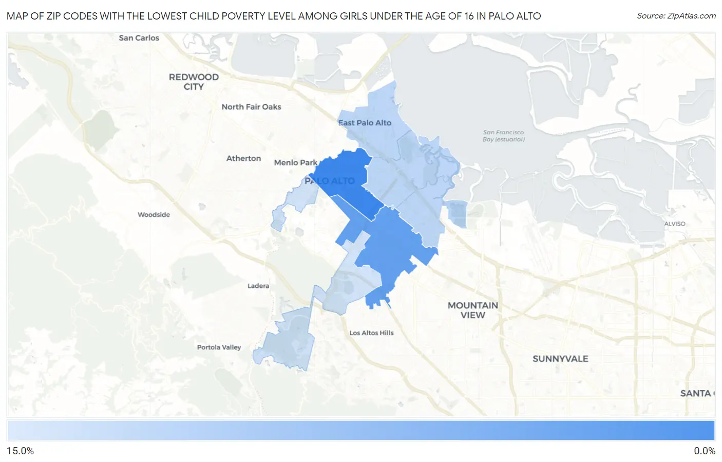 Zip Codes with the Lowest Child Poverty Level Among Girls Under the Age of 16 in Palo Alto Map