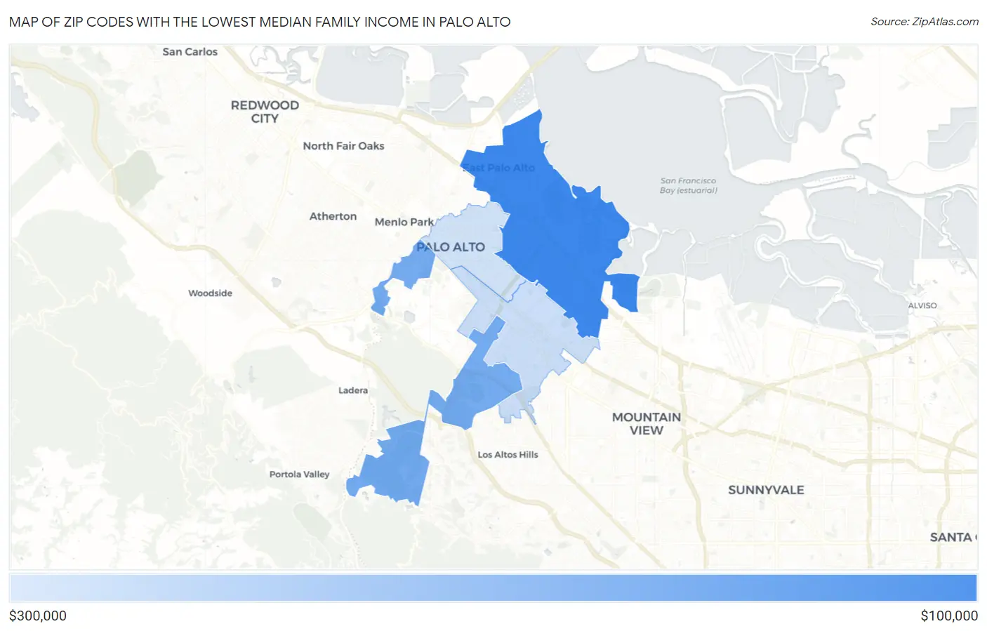 Zip Codes with the Lowest Median Family Income in Palo Alto Map