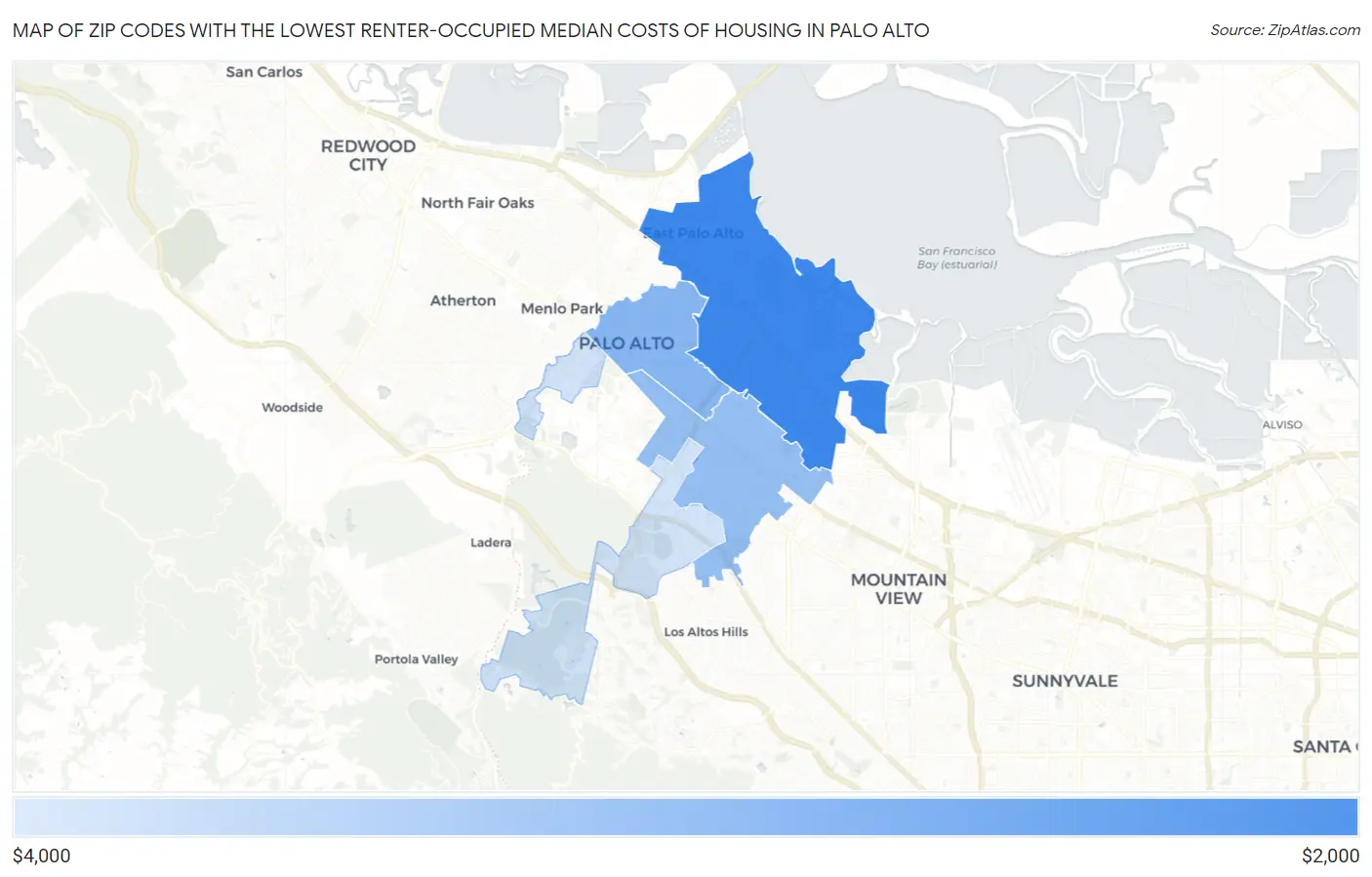 Zip Codes with the Lowest Renter-Occupied Median Costs of Housing in Palo Alto Map