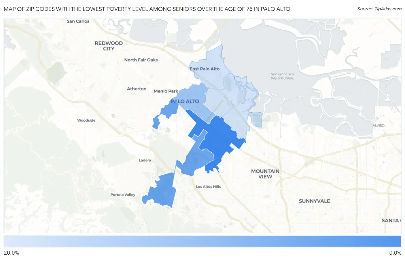 Zip Codes with the Lowest Poverty Level Among Seniors Over the Age of 75 in Palo Alto Map