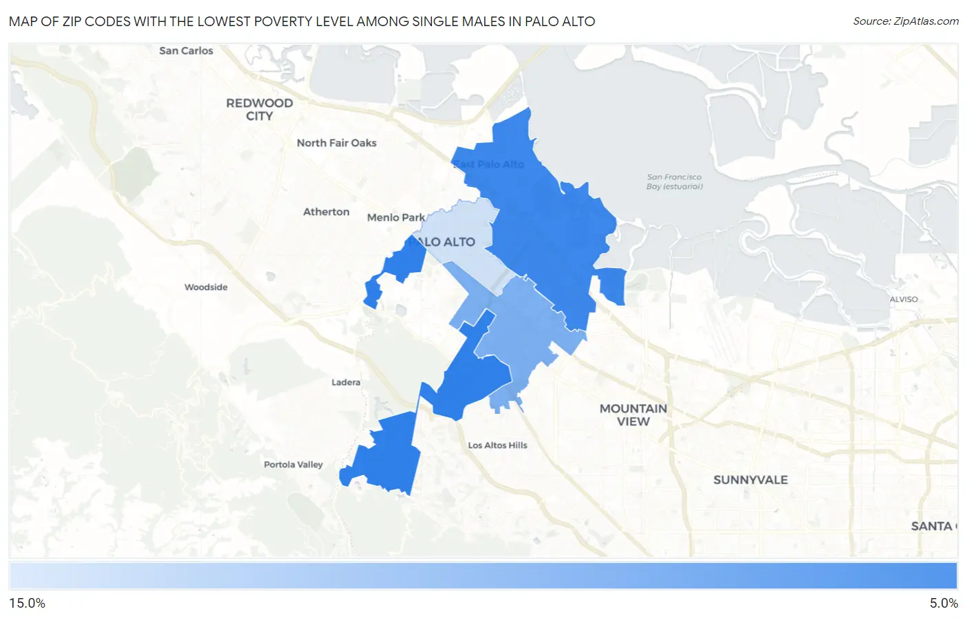 Zip Codes with the Lowest Poverty Level Among Single Males in Palo Alto Map