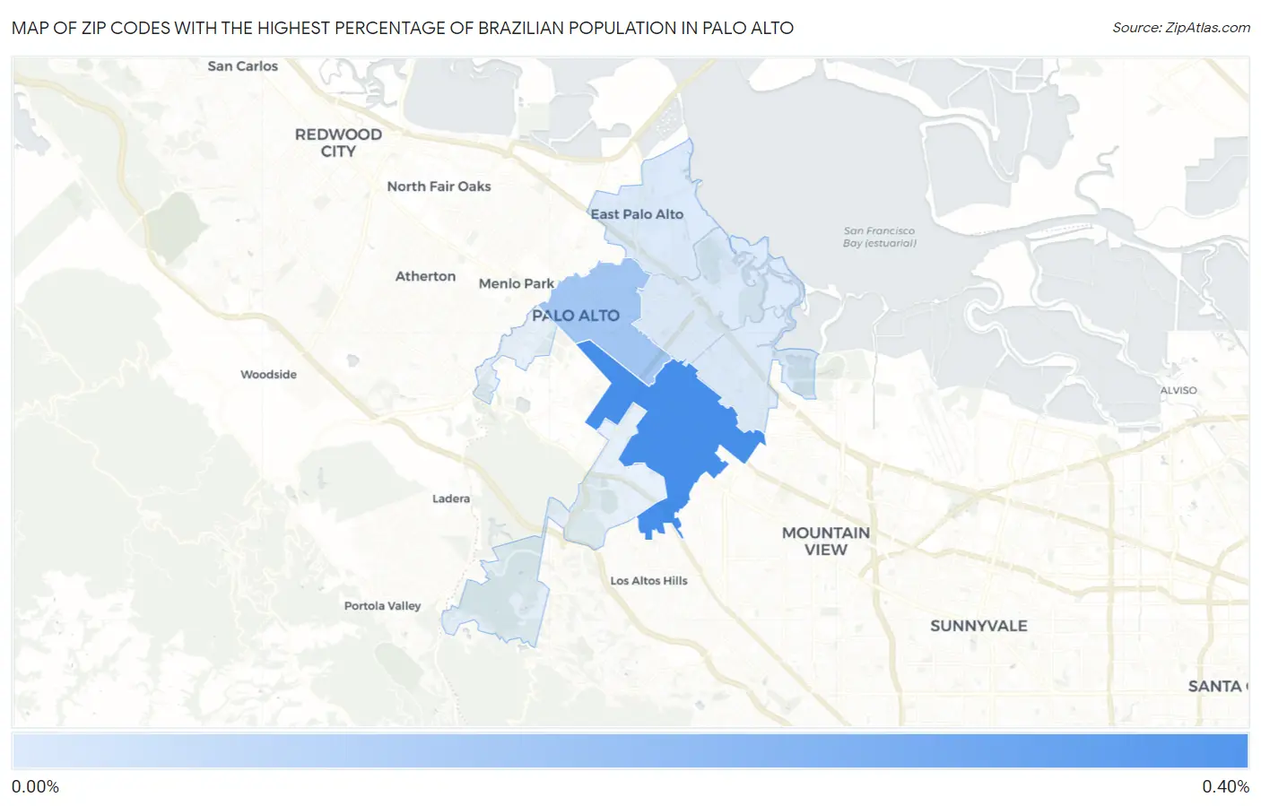 Zip Codes with the Highest Percentage of Brazilian Population in Palo Alto Map